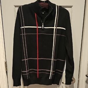 Geoffrey Beene Black Sweater Medium Red Gray White Checkered Zip-Up Mock neck